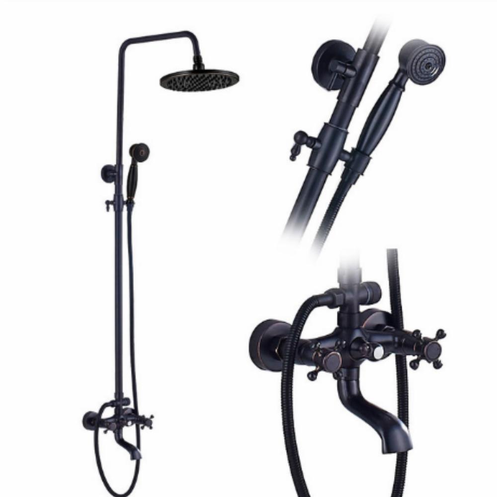 Antique Bathroom Rainfall Shower Faucet Set Wall Mount Dual Handle With Handshower Brass Bathroom Shower Mixer Tap