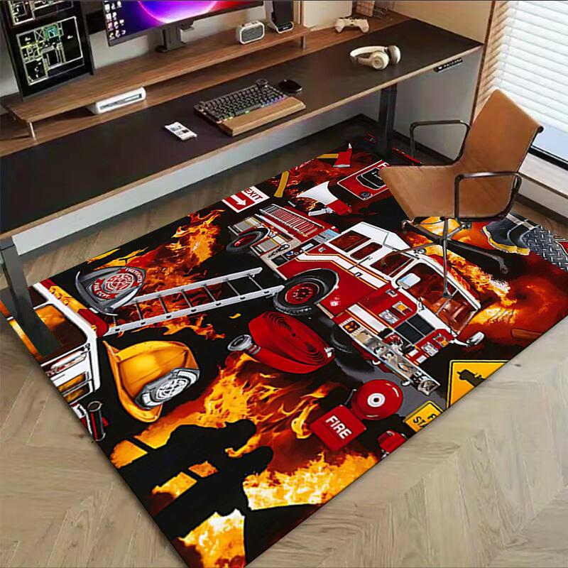 1PC Firefighter Firetruck Non-Slip Floor Carpet Compatible for Office&Living Room&Bedroom&Dining room - Flat- Soft & Pattern, Vibrant Colors-W248