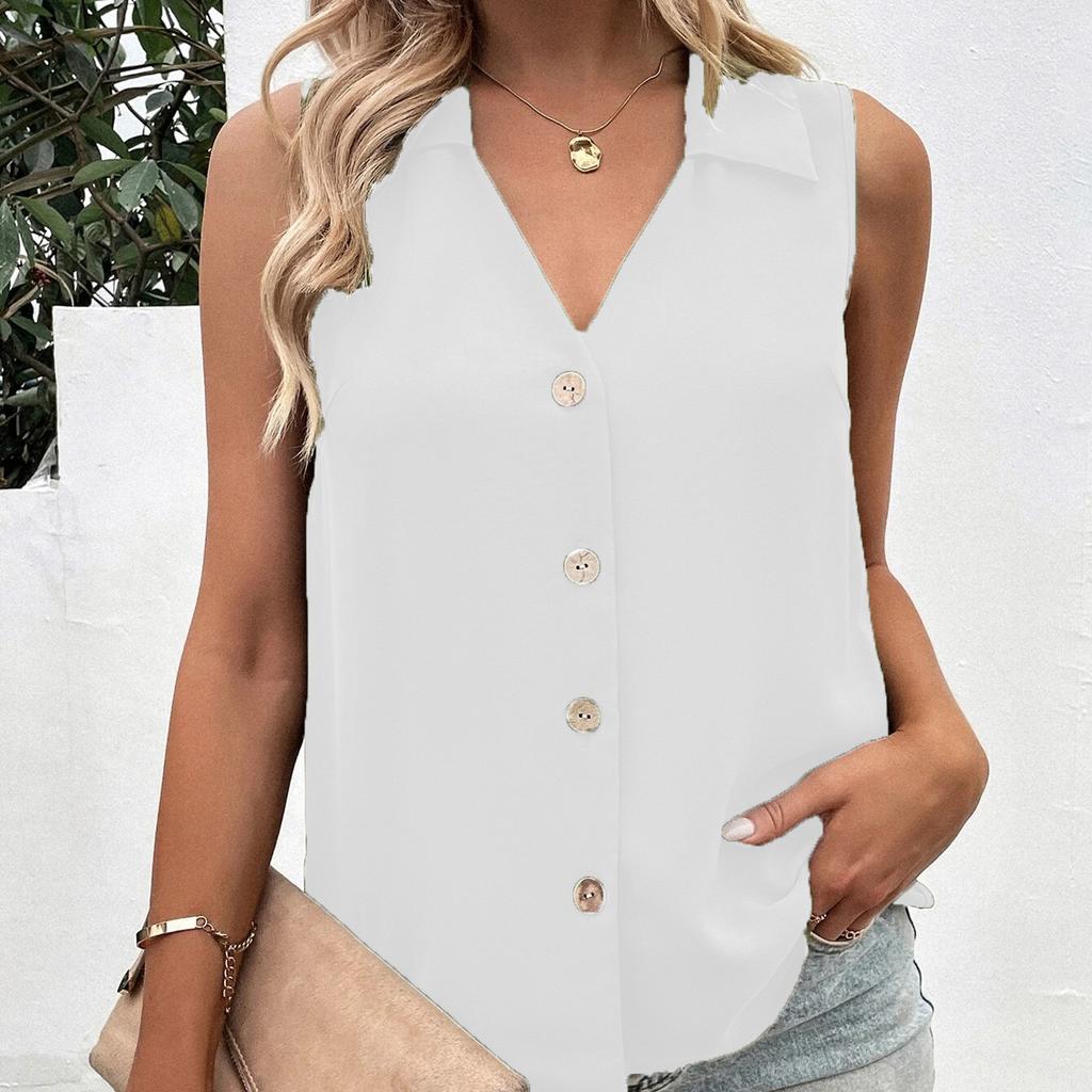 Dámské 3XL Vesta Košile Módní Knoflíkové Klopové Tričko Dámské Knoflíkové Elegantní V-výstřih Bez rukávů Tílko Košile
