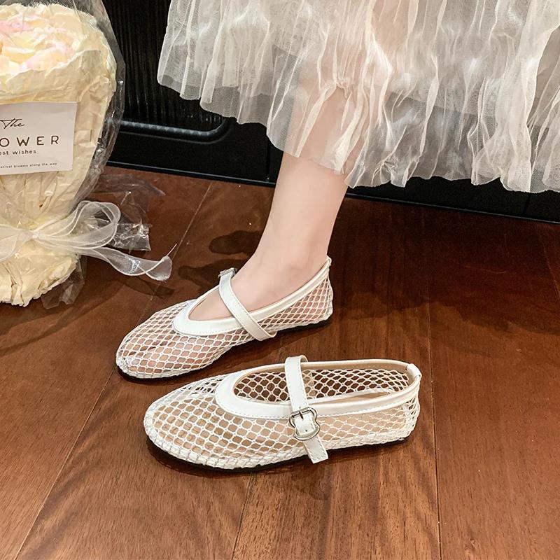 Round Toe One Buckle Strap Ballet Shoes Women's Summer New Flat Shoes Cutout Mary Jane Single Fishnet Shoes