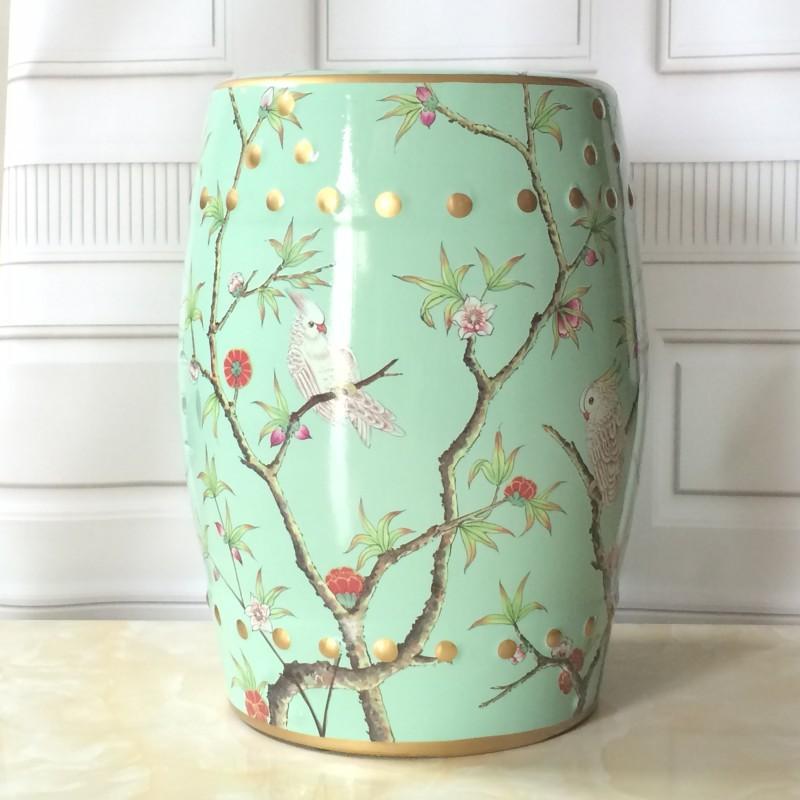 Ceramic Side Table Durable Drum Stool Hand painted Floral and Bird Coffee Table Classic Vanity Seat Suitable for Dining Room