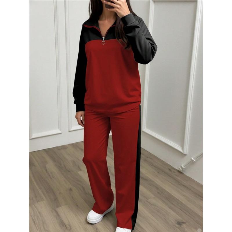 Women 2 Piece Tracksuit Color Block Half Zip Sweatshirt & Wide Leg Pants Set Casual Knit Loungewear Outfit