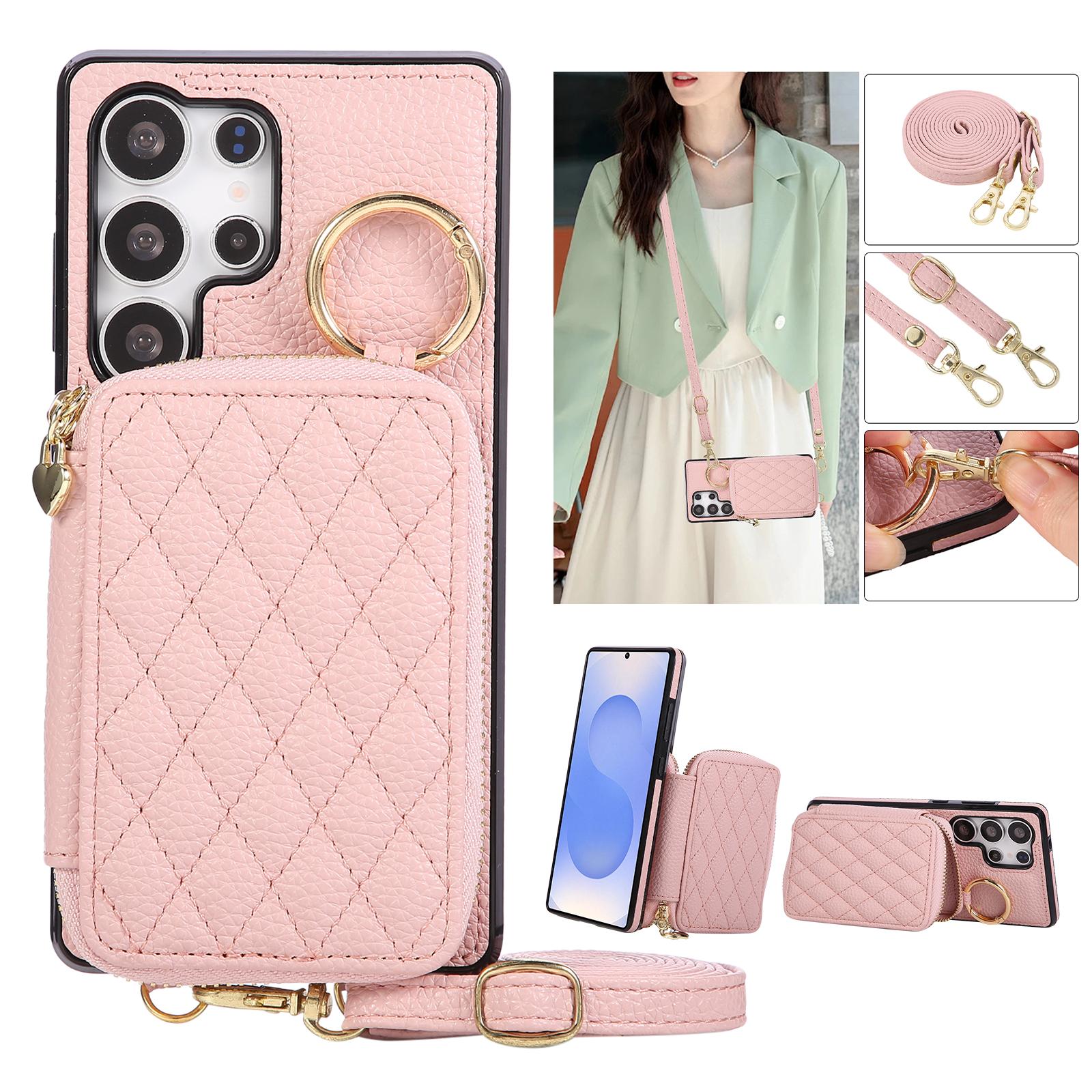 

Crossbody Zipper Cards Solt Wallet Flip Leather Case For Samsung S26 Ultra S25 Plus S24 A26 A17 A07 Long Lanyard Bag Book Cover Galaxy S23+ рожевий