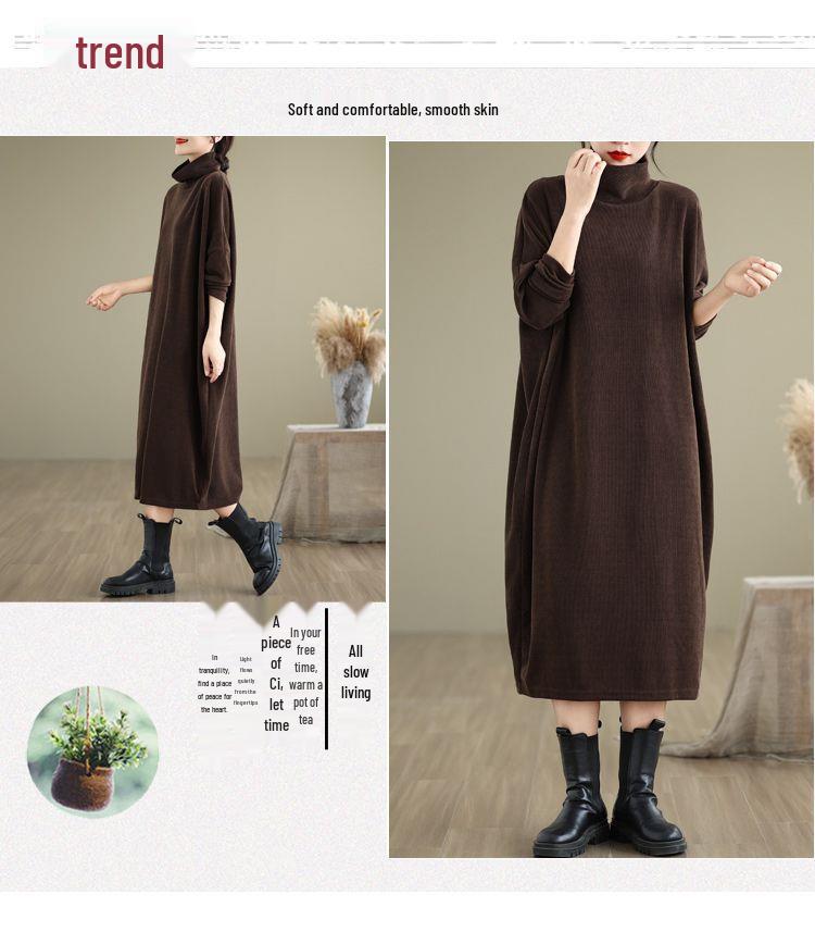 Women's Plus Size High Neck Mid-Length Dress - Fashionable, Slimming, Casual Long Sleeve for Winter and Autumn