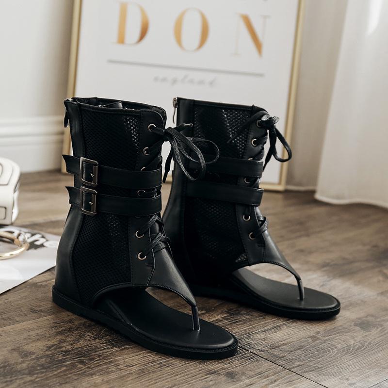 Spring 2025 cross toe strap sandals with wedge heel and inner height increase for women mesh breathable Roman cool boots