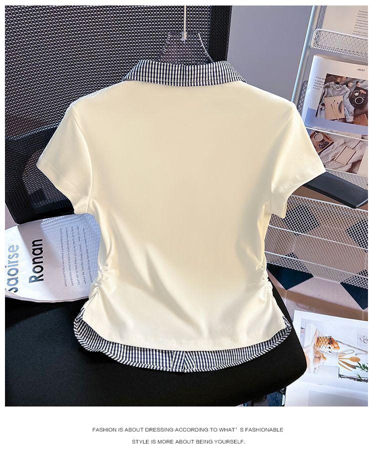 Camiseta de Manga Corta a Cuadros con Solapa para Mujer Talla Grande - Top de Moda Estilo Universitario Adelgazante Verano 2025