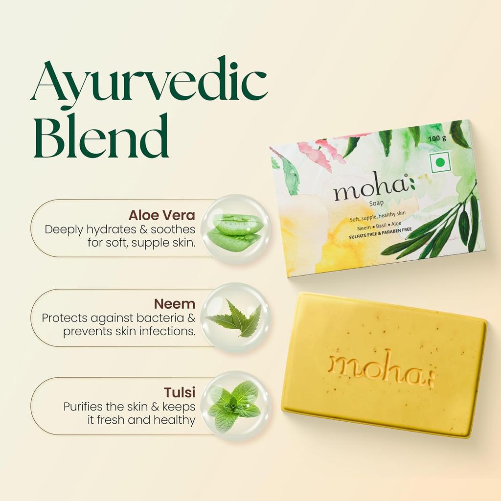 Moha Herbal Bathing Soap with Neem, Tulsi & Aloe  For Daily Use, Gentle Cleansing For Dry Skin, Hydrating Natural Body Soap  100gm X Pack Of 6