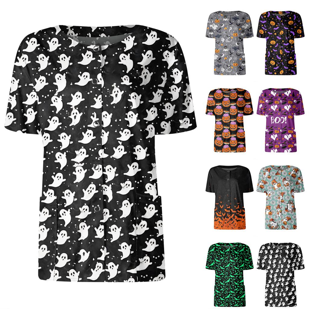 Women's Short Sleeved Patterned Pockets, Work Print Stand Up Collar, Single Breasted Protective Clothing, Cardigan Jacket, Top