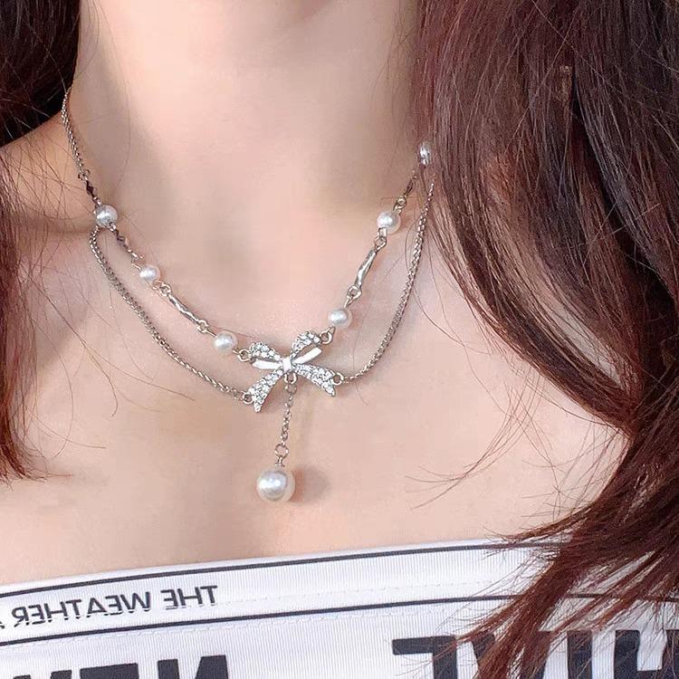 2026 Bow Pearl Necklace Women's Versatile Premium Clavicle Chain Neck Chain Accessories