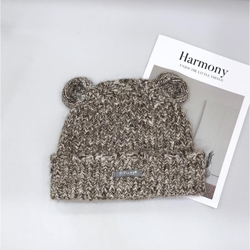 25 early autumn new cute ears plush hat women's intercolored fluffy autumn warm ear protection knitted hat