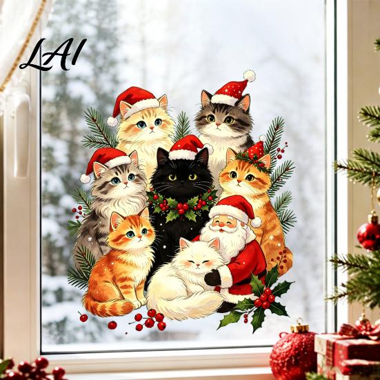Christmas Window Clings Cat Static Cling Decal Waterproof PVC Festive Sticker Removable Decorations Easy Apply Decorative for Home Living