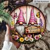 2D Flat Print, 1pc Metal Aluminum Sign, Whimsical Gnome Garden Wall Art with "Welcome Friends" Sign, Colorful Flowers & Butterflies, Rustic Decor for