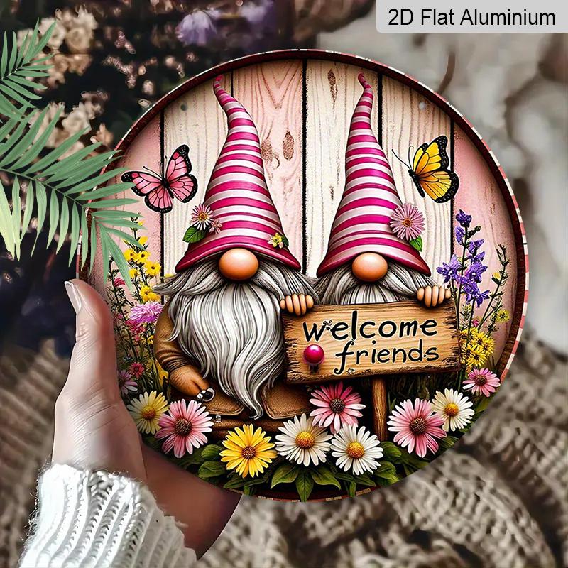 2D Flat Print, 1pc Metal Aluminum Sign, Whimsical Gnome Garden Wall Art with "Welcome Friends" Sign, Colorful Flowers & Butterflies, Rustic Decor for