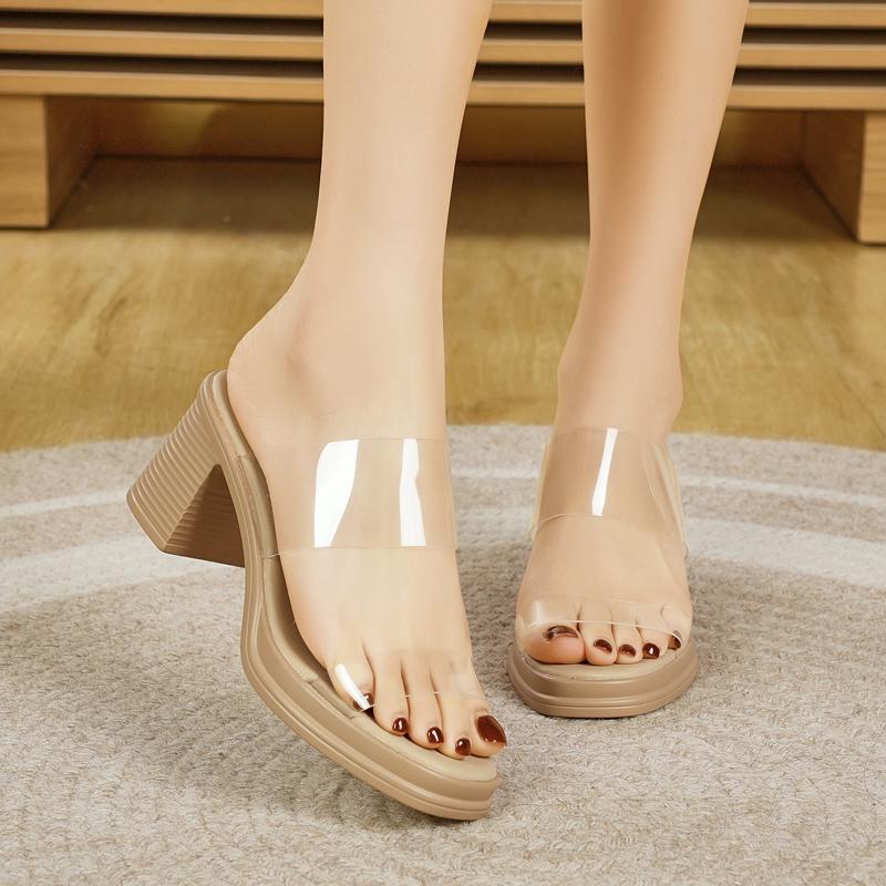 Fashion Women's 2025 Summer Newest Style Fashion Thick Heel Women Slippers Transparent Mid-heel Female Sandals