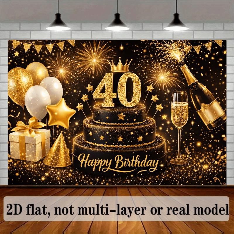 2D luxurious black gold 40th birthday background fabric with gold handwritten words "Happy Birthday"