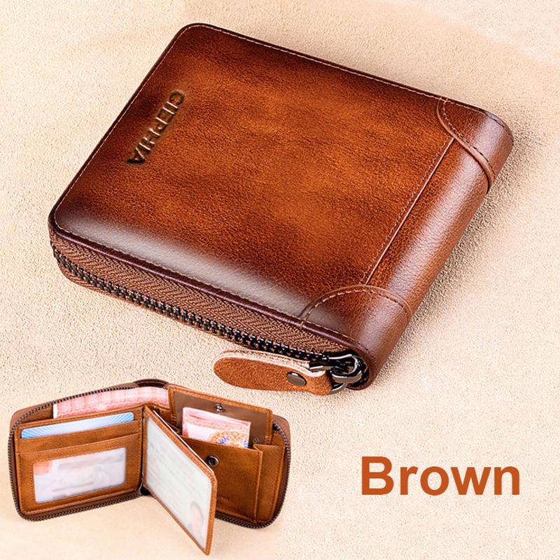 Echtes Leder-Geldbörse für Herren, RFID-blockierende Bifold-Reißverschluss-Geldbörsen, obere Schicht Rindsleder, multifunktional, ID-Kreditkartenhalter, Münztasche