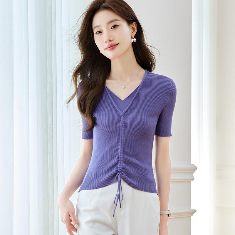 Srcr Women's Faux Two-Piece Silk Blend Short Sleeve Knit Top