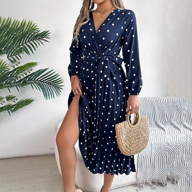 Women Long Sleeve A Line Long Dress High Waist Dot Pleated Autumn Winter Fashion