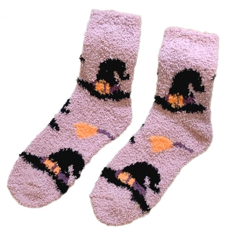Women's Coral Fleece Socks for Halloween Festivities Cute Pumpkin Ghostly Witch Hat Print Cozy Fuzzy Slipper Ankle Socks
