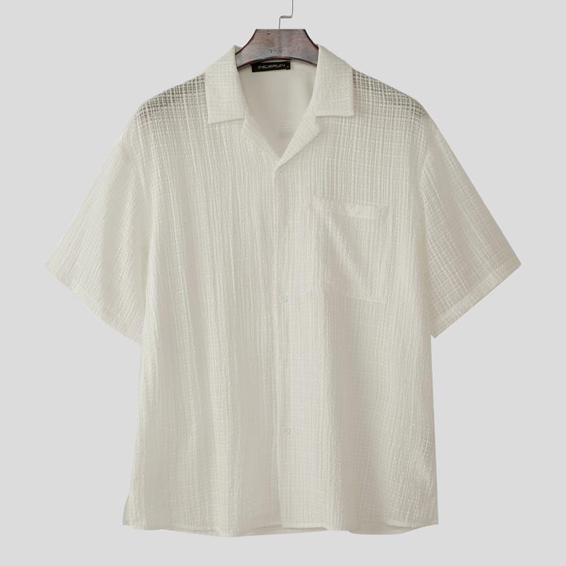 

INCERUN Oversized Men Short Sleeve Texture Back Patchwork Buttons Semi-Sheer Casual Shirts 4XL абрикосовый