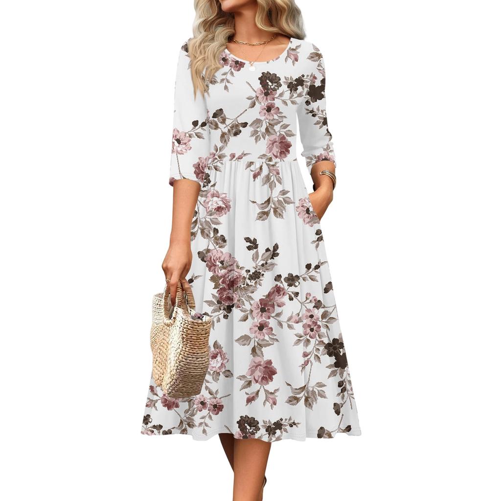 3/4-Ärmel Damenkleid Lässig Fließend A-Linie Midi T-Shirt Kleider mit Taschen Rundhalsausschnitt Urlaub Boho Strand Sommerkleid