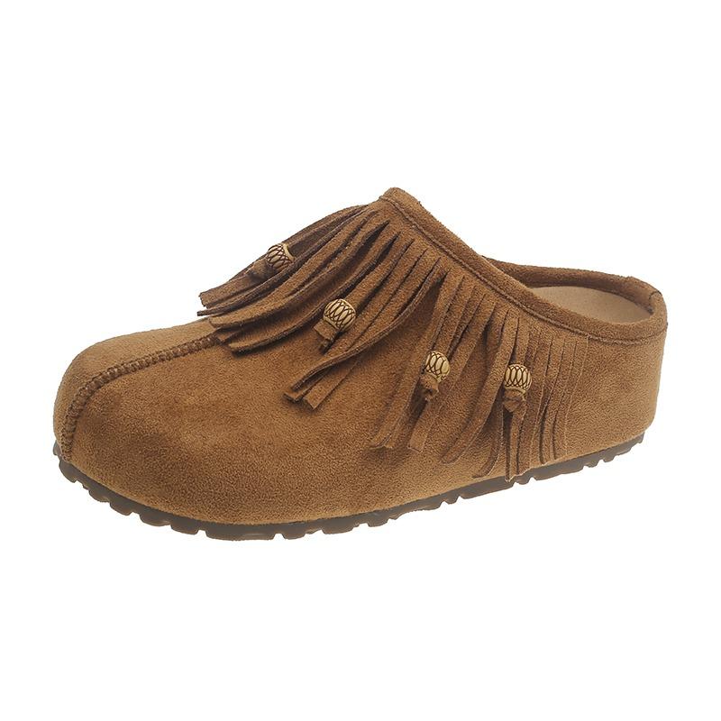 Fashion 2025 New Fringe Bead Platform Women Slippers Fashion Casual Classical Slingback Shoes Elegant Suede Autumn Zapatillas De Mujer