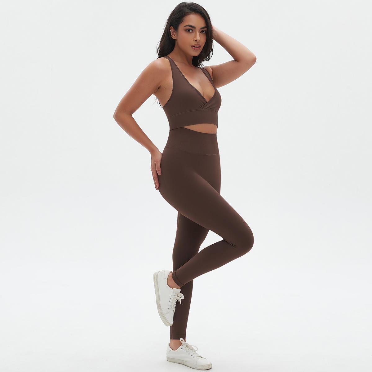 

Auroth бесшовный трикотажный комплект для йоги, однотонный бюстгальтер для фитнеса и спины, спортивные леггинсы для фитнеса и бега L коричневый