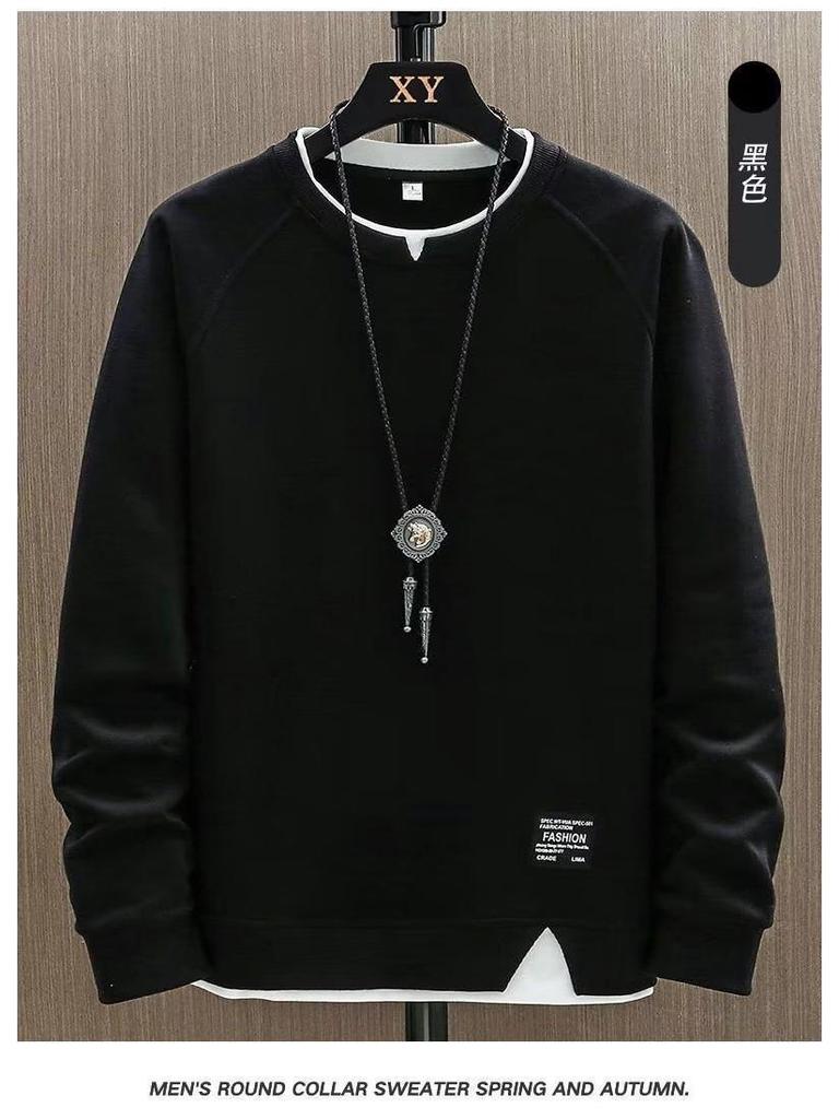 Men's American Fashion Loose Fit Round Neck Sweatshirt, Fake Two-Piece Long-Sleeve Top for Spring