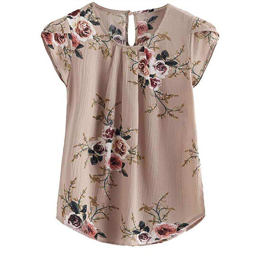 Women's Fashion Color Printing Short-sleeved Button Round Neck Casual Tops