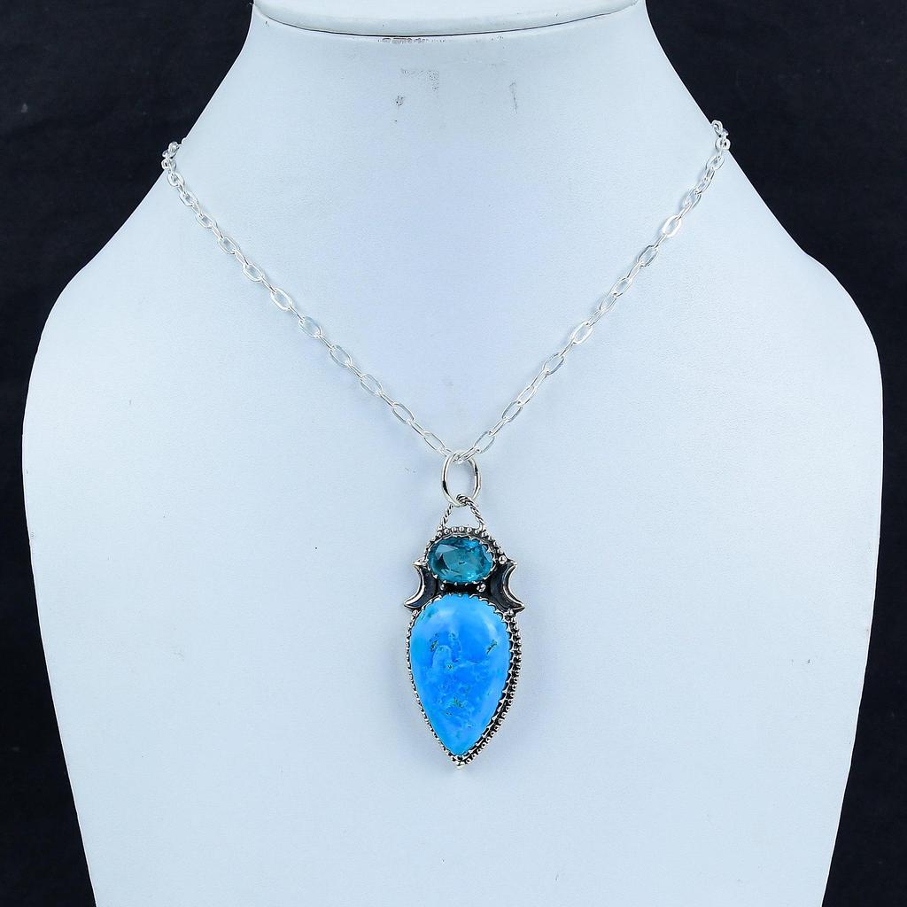 Natural Sleeping Beauty Turquoise, Blue Topaz Gemstone Silver Pendant In 925 Sterling Silver - Handmade Design, Everyday Wear Jewelry Gift For Her