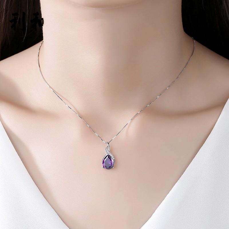 Buyee 925er Sterlingsilber Amethyst Stein Anhänger Kette Lila Edelstein Halskette für Damen Mode Klassisch Feiner Schmuck Kette
