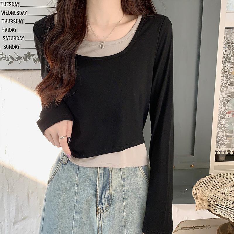 

Футболка контрастного цвета с длинными рукавами для женщин на лето, новый дизайн, круглая горловина, короткая, эластичная, утягивающая, модная и омолаживающая. XL