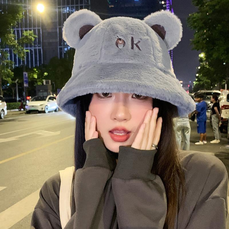 Ok Ear Bear Letter Embroidery Plush Fisherman Hat Bucket Cap Protection Sun