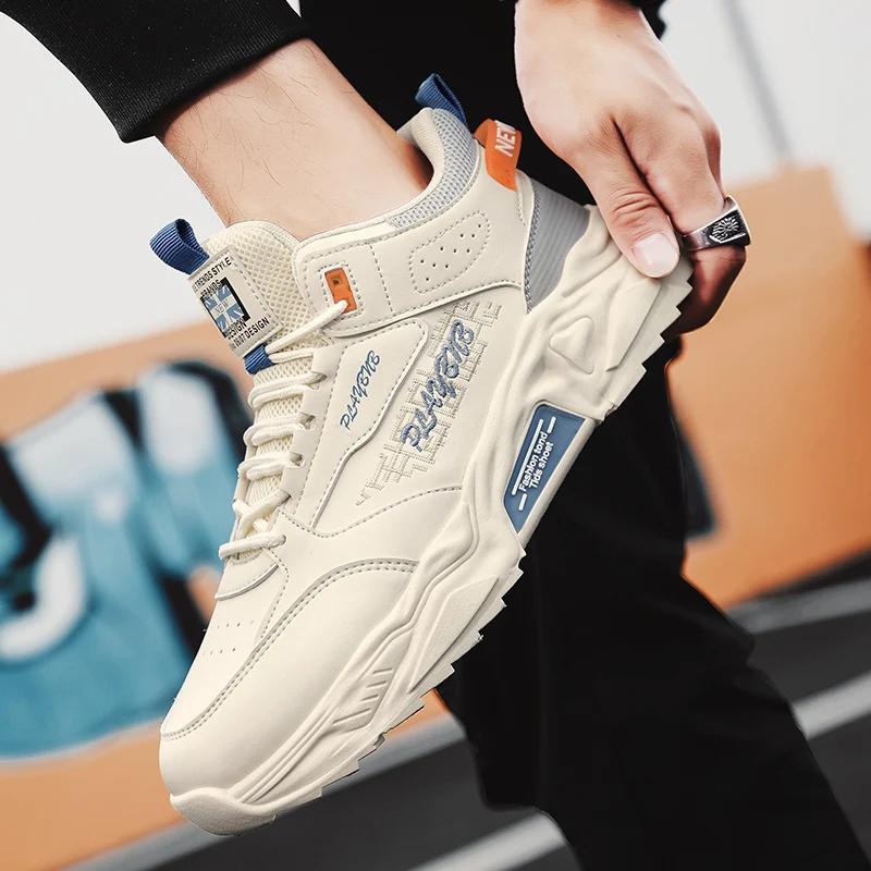 Fashion High Top Men Sneakers Leather Lightweight Mens Casual Shoes Outdoor Walking Shoes Breathable Anti Slip Running Shoes