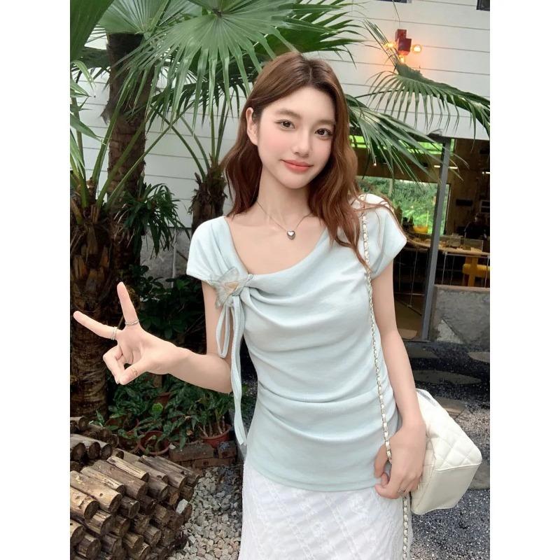 Swing Collar Slanted Shoulder Three-dimensional Bow Short-sleeved T-shirt Women's Summer Irregular Top
