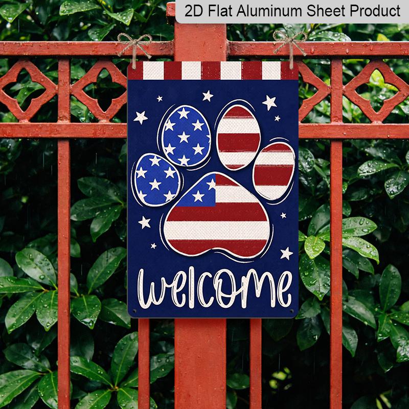 2D Flat Welcome 4th of July Dog Cat Paw Metal Sign, 8×12 Inch Aluminum Wall Art, America USA Stars Stripes Dark Blue Design, Durable Decor for 4th of