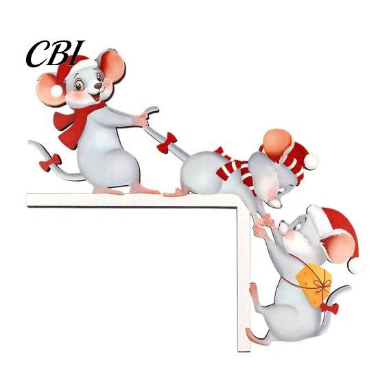 Waterproof Christmas Room Accents Cartoon Three Mice Wooden Door Frame Decor, Santa Mouse Easy Assembly Sign Corner Ornament, Xmas Party Home Holiday