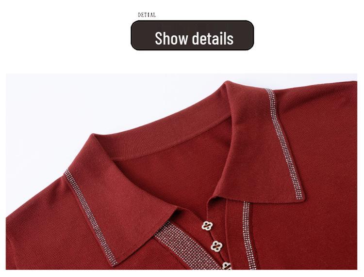 Mom's Autumn Ice Silk Knit Top: Stylish Mid-Sleeve Design with Lapel and Hot Drill Details, Perfect for Middle-Aged Women.