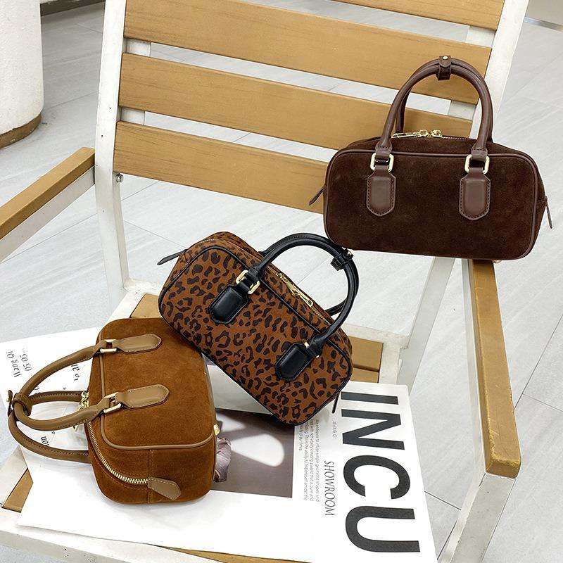 Autumn New Versatile Simple Bowling Leather Matte Leather Suede Shoulder Messenger Women's Bag Retro Handbag