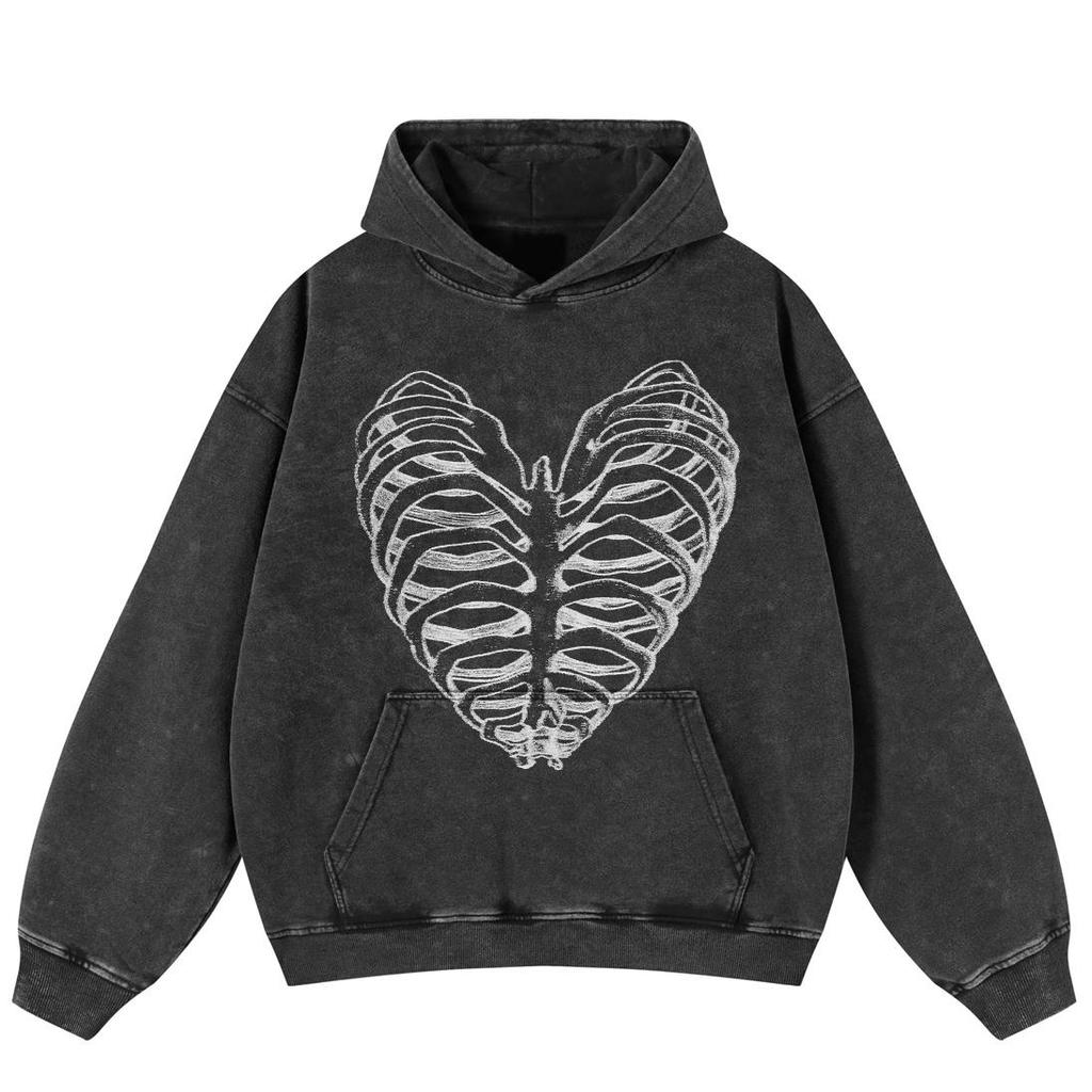 Streetwear Retro Heart Shaped Skeleton Graphic Washed Black Oversized Unisex Y2K Hoodie