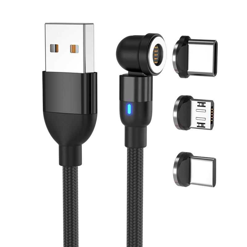 540 Degree Rotating Magnetic Charging Cable 3 in 1 USB-C Phone Charger 2.4A Fast Charge Cord with Pure Copper for Printer Use 1 meter чёрный