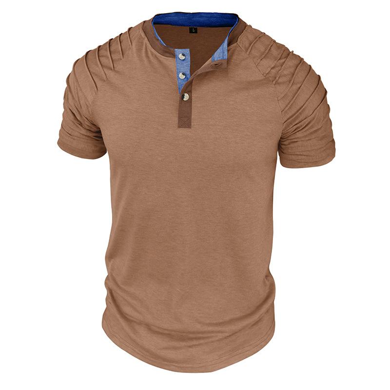 Letni męski T-shirt Henley w bloki kolorów Modny męski T-shirt z krótkim rękawem Top