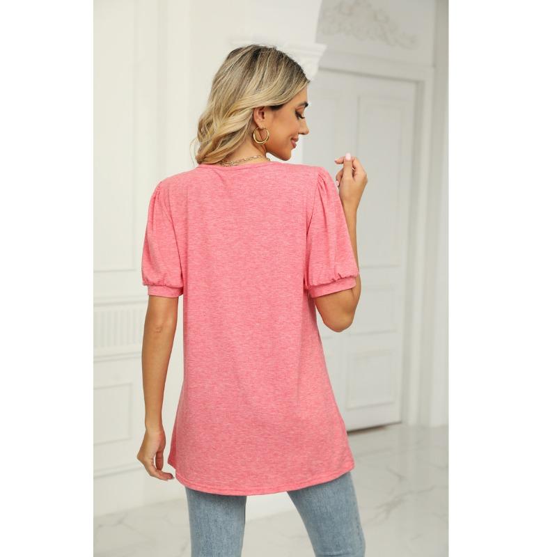 Letní dámské tričko jednobarevné čtvercový výstřih vrásčitý bublinkový rukáv top s krátkým rukávem