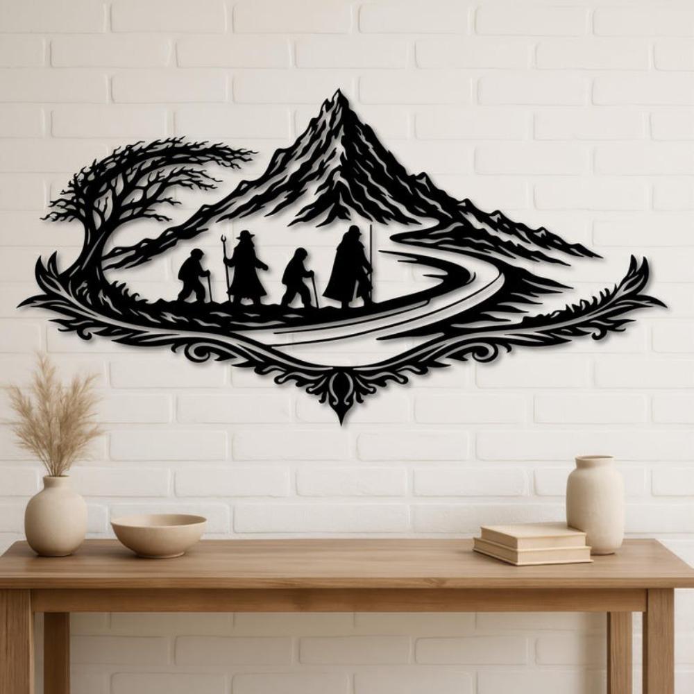 Metall-Wandkunst, Abenteuer-Bergpfad-Dekor, Fantasy-Silhouette, Hütte Mannhöhle Heimdekoration
