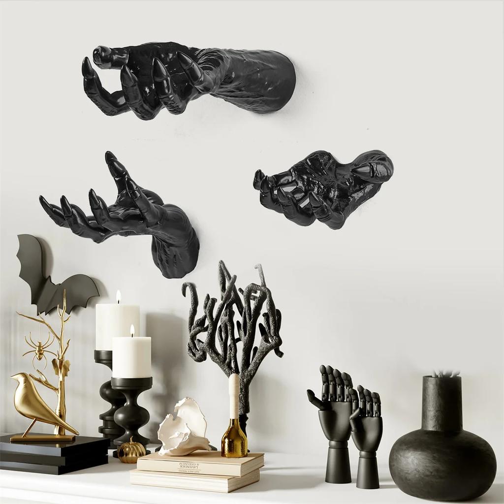 3Pcs Wall Mounted Creepy Ghost Hands with Tea Lights Candles, Spooky Goth Decor Black Horror Reaching Ghost Hands for Halloween