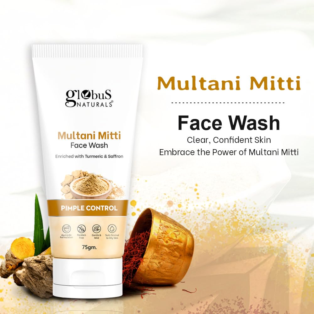 Globus Naturals Multani Mitti Gezichtsreiniger, Verrijkt Met Kurkuma & Saffraan, Voor Puistjesbestrijding, Geschikt Voor Vette & Acne-gevoelige Huid, 75 gr (Pak van