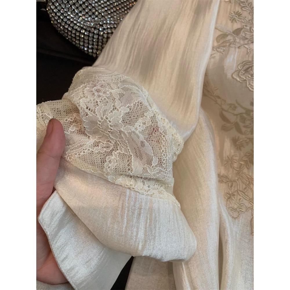 Elegant and Versatile New Embroidery Satin Shirt Women's  Early Spring New Arrival Super Fairy Outerwear Long Sleeve Blouse