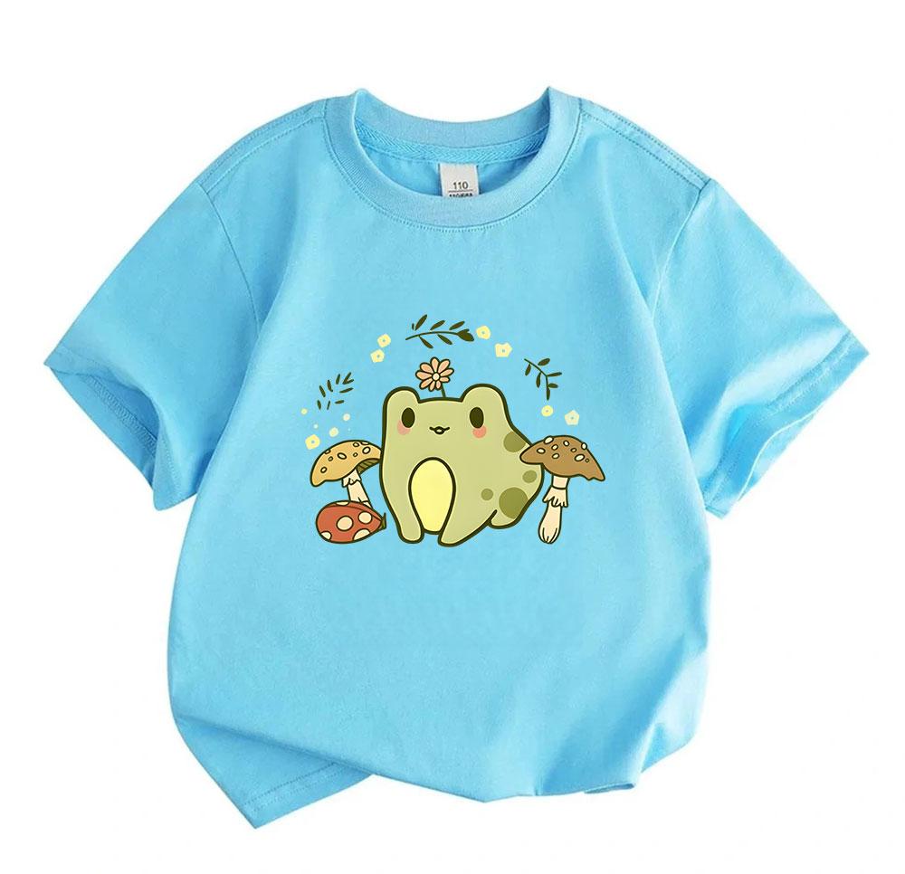 Kids Boys Girls 100% Cotton Crew Neck Short Sleeve T-Shirt, Cute Cartoon Frog with Flower Mushroom Print Casual Soft Summer Tee for Children Daily Wea
