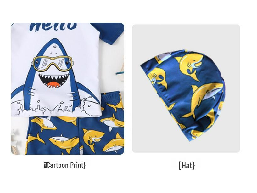 Boys' Short Sleeve Cartoon Shark Swimsuit Set for Big Kids