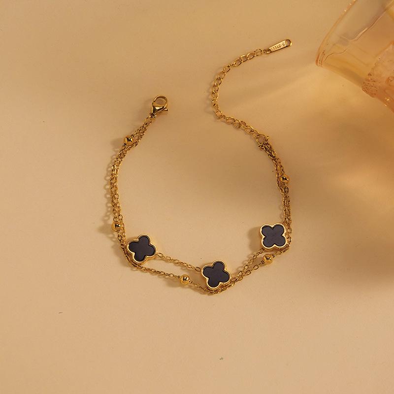European & American Women's Four-Leaf Clover Gold Stainless Steel Double-Layer Beaded Bracelet